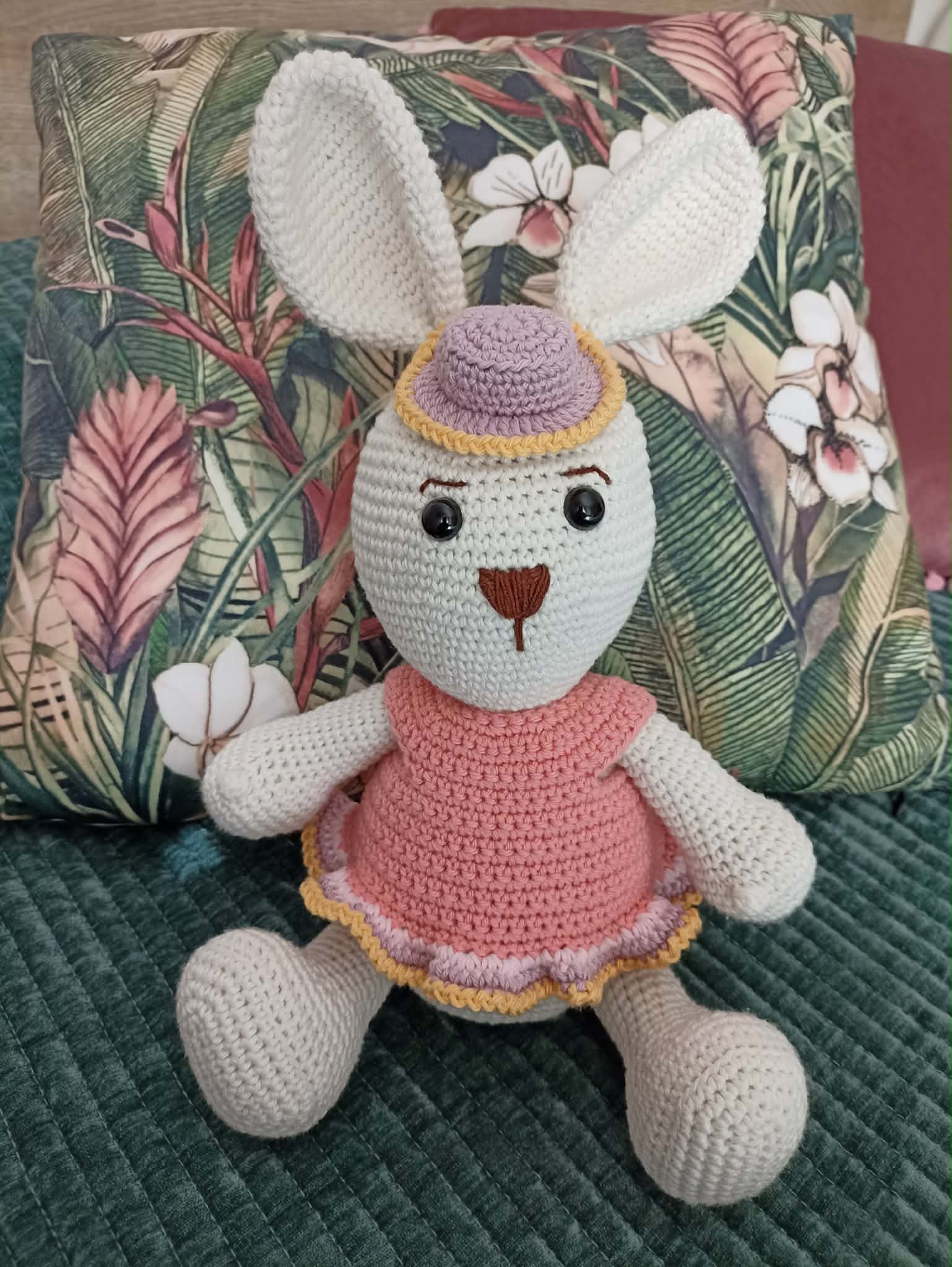 Crochet bunny with hat and pink dress