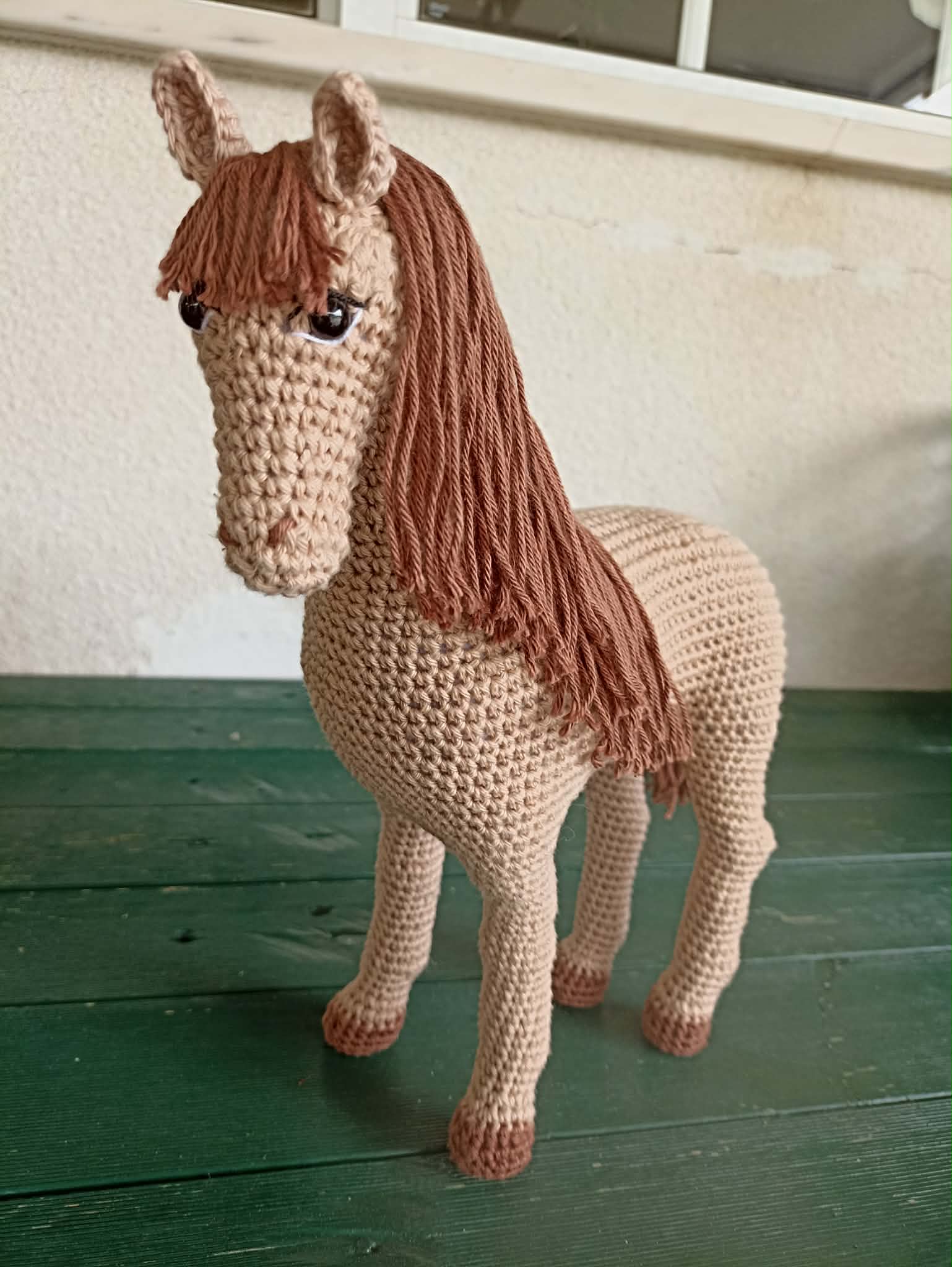 Handmade crochet amigurumi horse, with a brown mane and beige body (2)